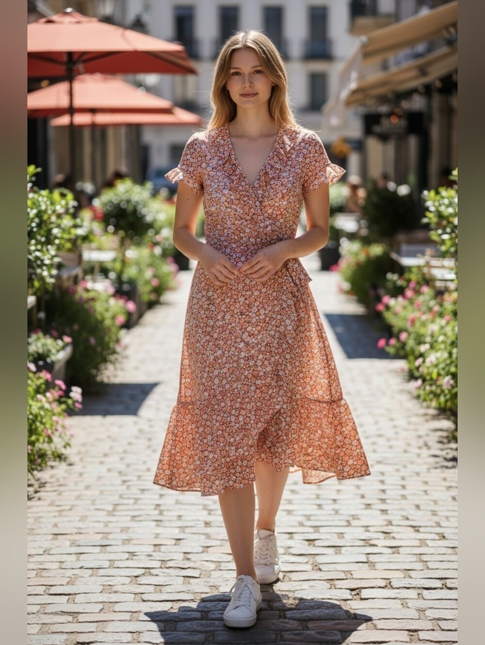 Michael KORS Ruffled Coral Pink Floral Wrap Midi Dress XS